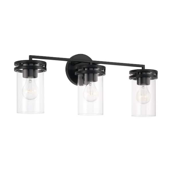 HOMEPLACE LIGHTING 24 in. W x 9.75 in. H 3-Light Vanity in Matte Black with Clear Glass