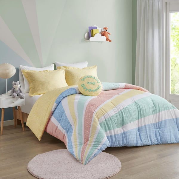 Intelligent Design Kids Jessie 3-Piece Yellow Twin Rainbow Sunburst Reversible Cotton Comforter Set
