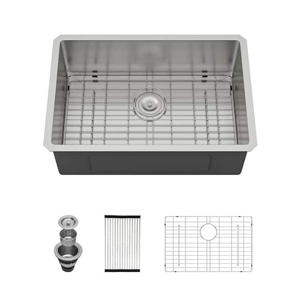 26 in. Undermount Single Bowl 16 Gauge Stainless Steel Kitchen Sink with Bottom Grid and Strainer