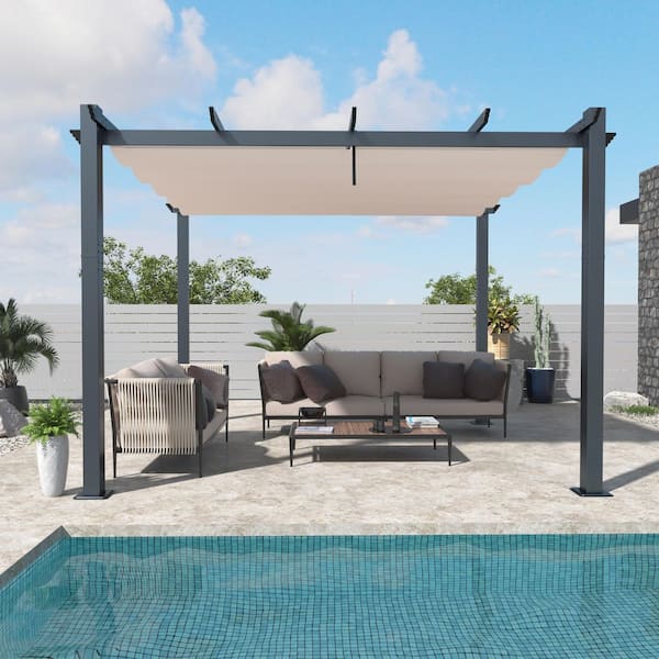 VEIKOUS 10 ft. W x 10 ft. D Aluminum Pergola Outdoor with Beige Retractable Canopy