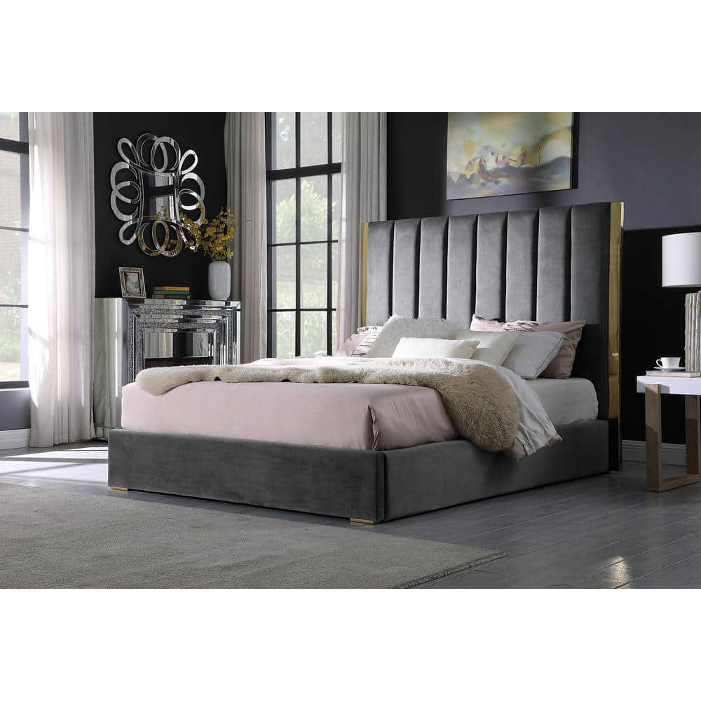 Luxurious Dark Gray Velvet Queen Bed with Gold Metal Accents