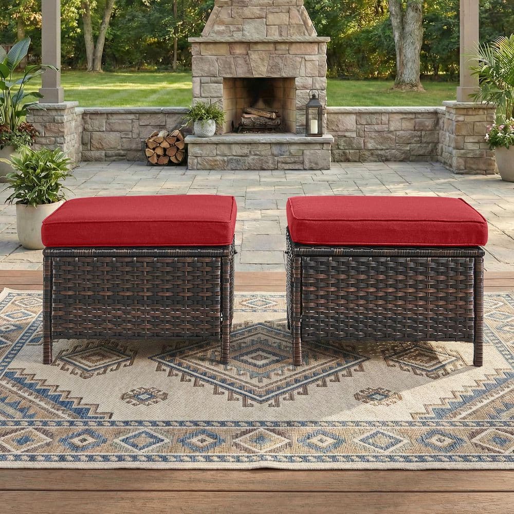 WellCane 2-Piece Brown Wicker Outdoor Ottoman Patio Footstool Multipurpose Outdoor Furniture Bench with Red Cushion