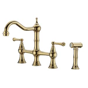 Bridge Double Handles Pull Out Side Sprayer Kitchen Faucet Deckplate Included in Gold