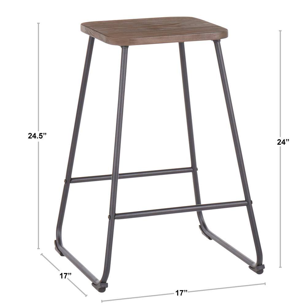 Industrial Black Metal and Espresso Wood Backless Counter Stools, Set of 2