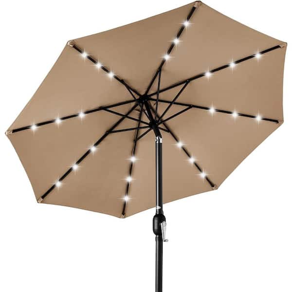 Dyiom 10 ft. Aluminum with Tilt Shade Solar Powered Polyester LED Lighted Patio Adjustable Tan Taupe, Beach Word Umbrella, Tan
