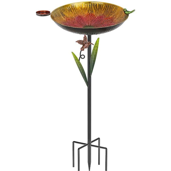 41.5 in. Multi-Colored Metal Bird Bath with Detachable Bowl and Side Feeder