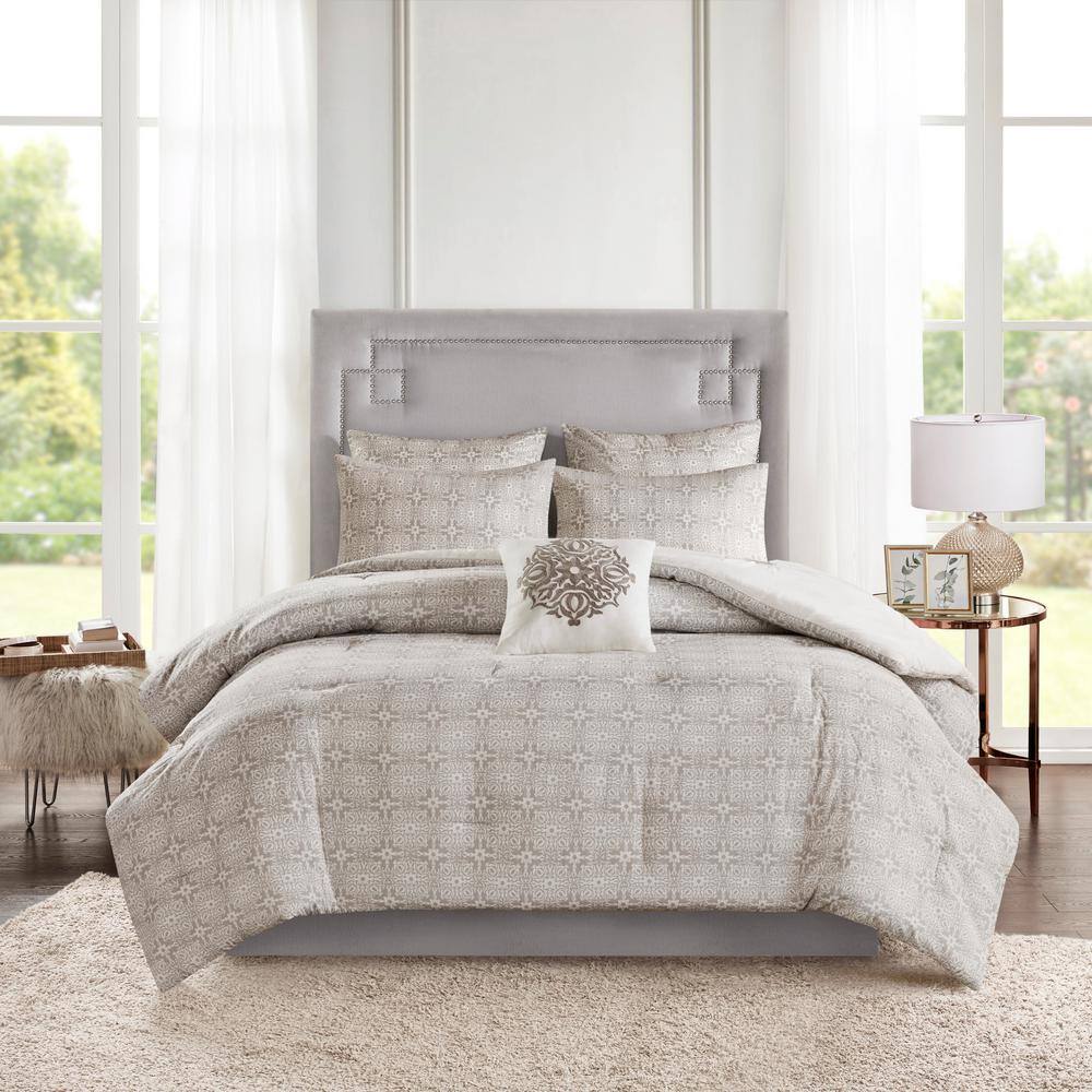 Gray Cotton Reversible King Embroidered Comforter Set