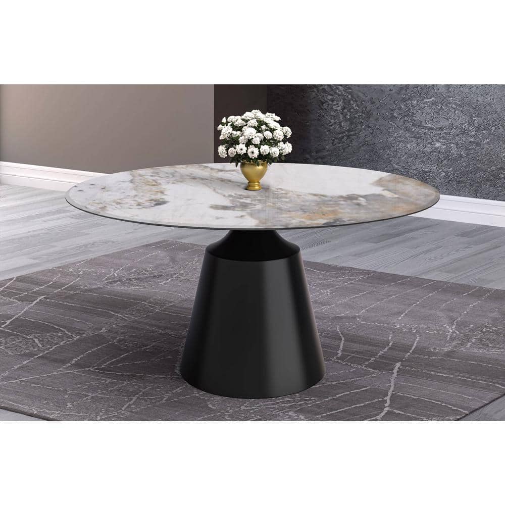 Prynn 60" Round Glass Dining Table with Black Pedestal Base