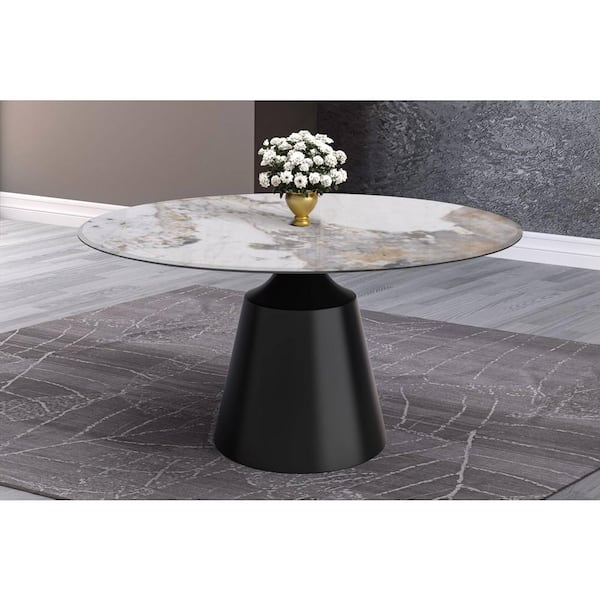 Leisuremod Prynn Mid-Century Modern 60 in. Round Dining Table with Sintered Stone Top and Black Pedestal Base (Medium Grey)