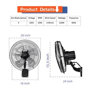 18 in. Indoor/Outdoor Black Household Commercial 5-Speed Settings Wall Mount Fan 90-Degree Horizontal Oscillation