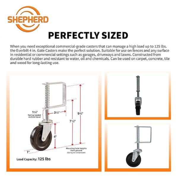 Shepherd 4 in. Black Hard Rubber and Steel Swivel Gate Caster with Adjustable Spring Bracket and 125 lb. Load Rating 9785
