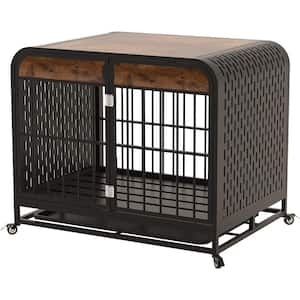 32.7 in. L x 22.1 in. W x 26 in. H Heavy-Duty Dog Kennel with Removable Trays and Lockable Wheels, Brown