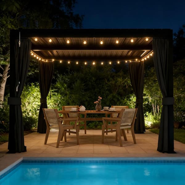 10 ft. W X 10 ft. D ft Black Galvanized Steel Pergola With Louvered Roof, Curtain, And Protective Netting
