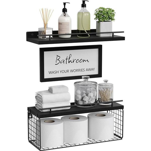 Cubilan 15.7 in. W x 6 in. D x 5.5 in. H Black Wood Decorative Wall Shelf with Bathroom Wall Decor Sign, Set of 3