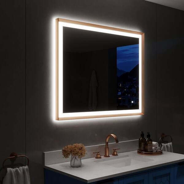 ANGELES HOME 40 in. W x 32 in. H Rectangular Slope Framed Defog Backlit Front Light Wall LED Bathroom Vanity Mirror in Brushed Gold