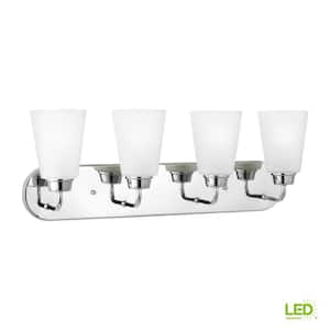 Kerrville 24 in. 4-Light Chrome Traditional Transitional Bathroom Vanity Light with Satin Glass Shades and LED Bulbs