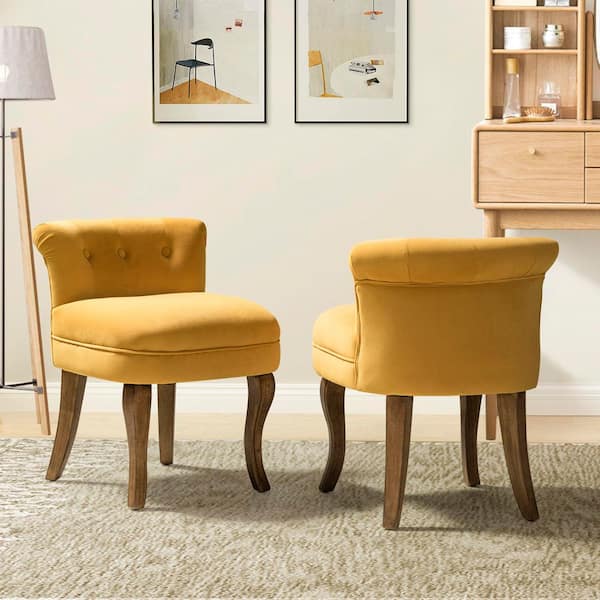 Nila Mustard Vanity Velvet Upholstered Stool Chairs with Solid Wooden Legs (Set of 2)