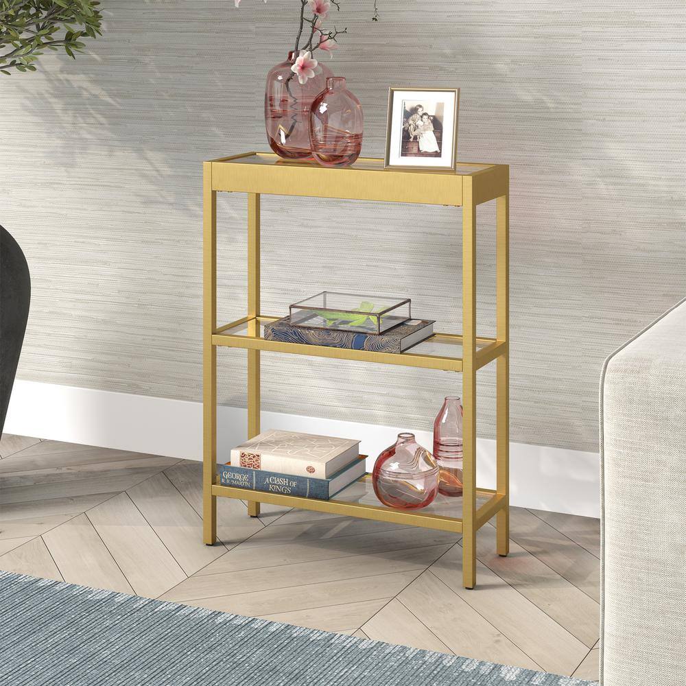 Gold Steel and Glass Rectangular Console Table with Storage