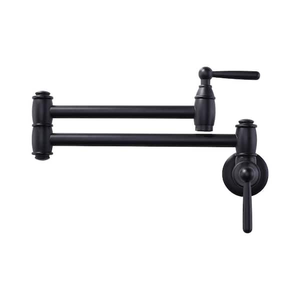 IVIGA Brass Wall Mount Pot Filler with Brass Valve, 2-Handles, Double Joint Swing Arms and 2-Aerators in Matte Black