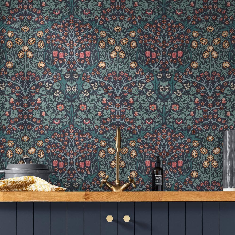 William Morris Navy Floral Vinyl Wallpaper Double Roll