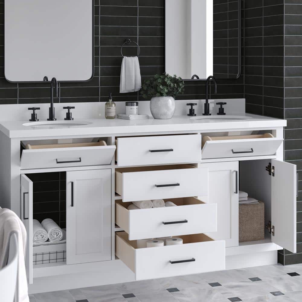 White Quartz Double Basin Freestanding Vanity with Black Hardware