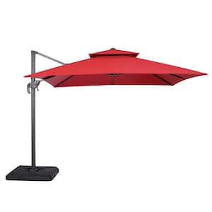 2pc Hostin 10 ft. Steel Cantilever Crank Tilt And 360 Square Patio Umbrella in Red With Base
