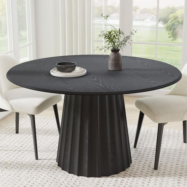 52 in. Solid Wood Black Pedestal Dining Table Round Kitchen Table Seats 4