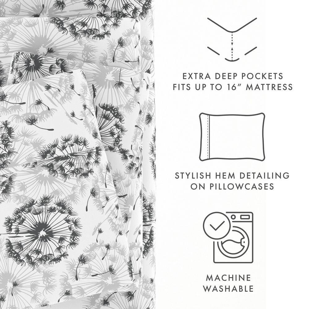 Gray Floral Deep Pocket Full Sheet Set with Pillowcases