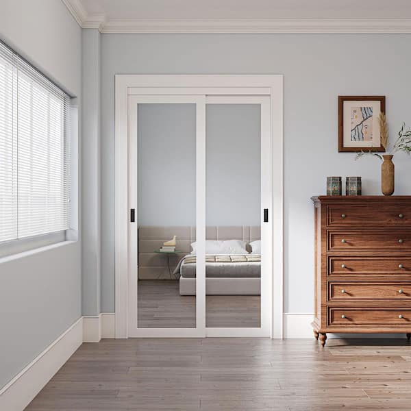 48 in. x 96 in. Solid Core 1-Lite Mirror White Primed MDF Interior Closet Sliding Door with Hardware