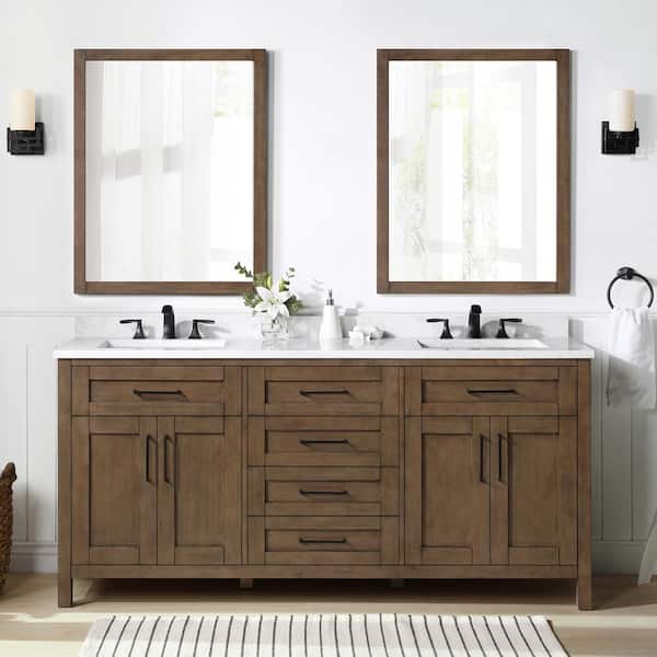 OVE Decors Tahoe 72 in. W x 21 in. D x 34 in. H Double Sink Vanity in Almond Latte with White Engineered Marble Top, Mirrors & USB