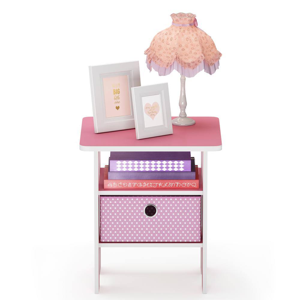 Pink and White Particle Board End Table with Fabric Drawer