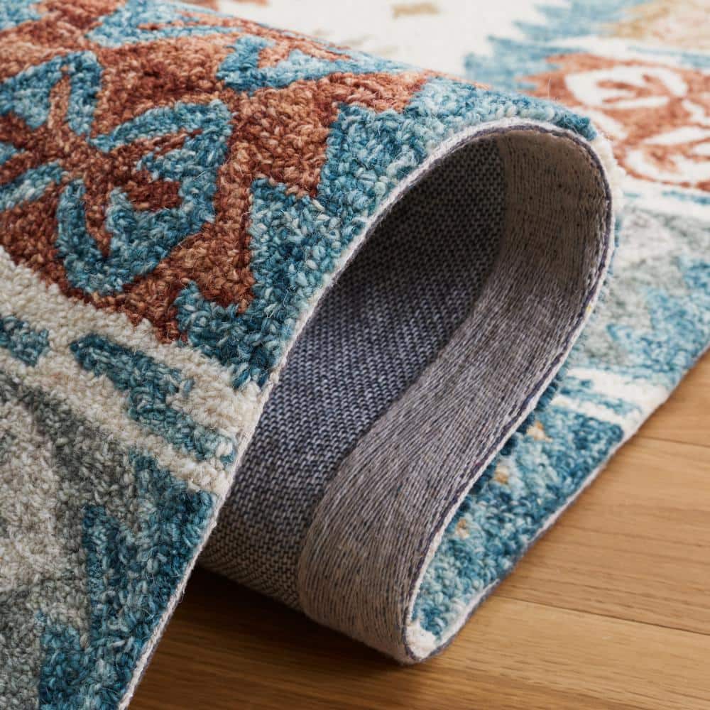 Ivory and Blue Hand-Tufted Wool Southwestern Square Rug, 6' x 6'