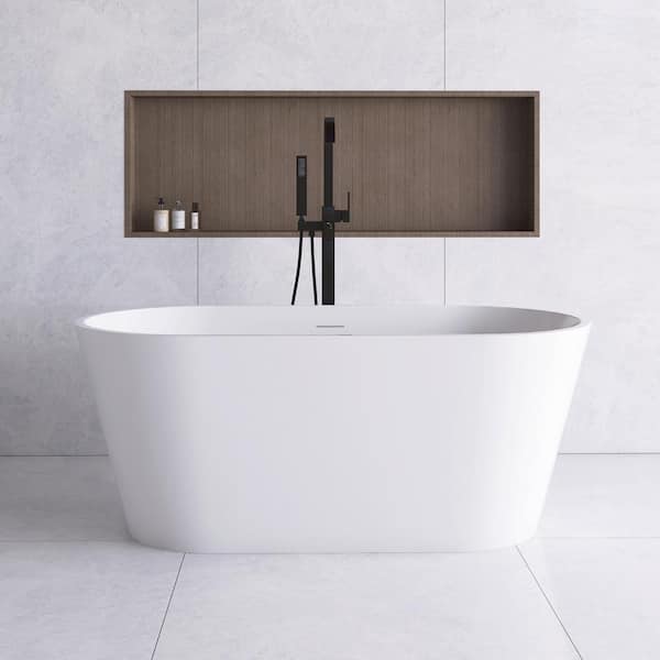 JimsMaison 60 in. Acrylic Freestanding Flatbottom Soaking Bathtub in Glossy White with Drain