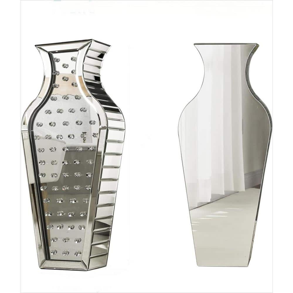 28 in. H Silver Crystal Glass Mirrored Cylinder Curvy and Trumpet-Shaped De