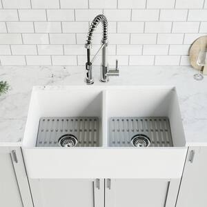 Matte Stone 33" Double Bowl Farmhouse Apron Front Undermount Kitchen Sink with Faucet in Chrome and Accessories