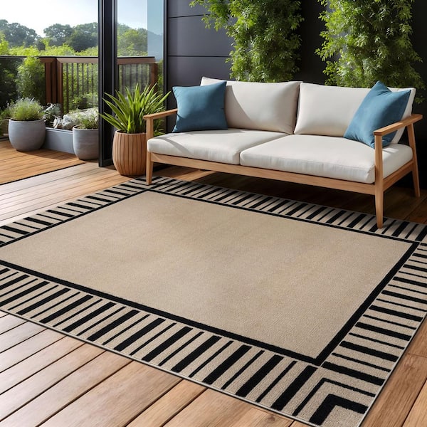 Edge Beige 8 ft. x 10 ft. Rubber Back Washable Geometric Border Indoor Outdoor Patio Area Rug