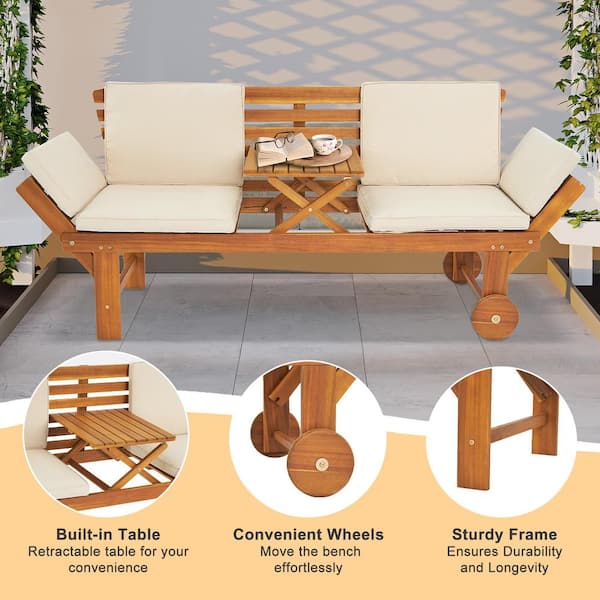 Acacia Wood Outdoor Bench with Beige Cushion Patio Convertible Sofa Daybed with Adjustable Armrest and Table