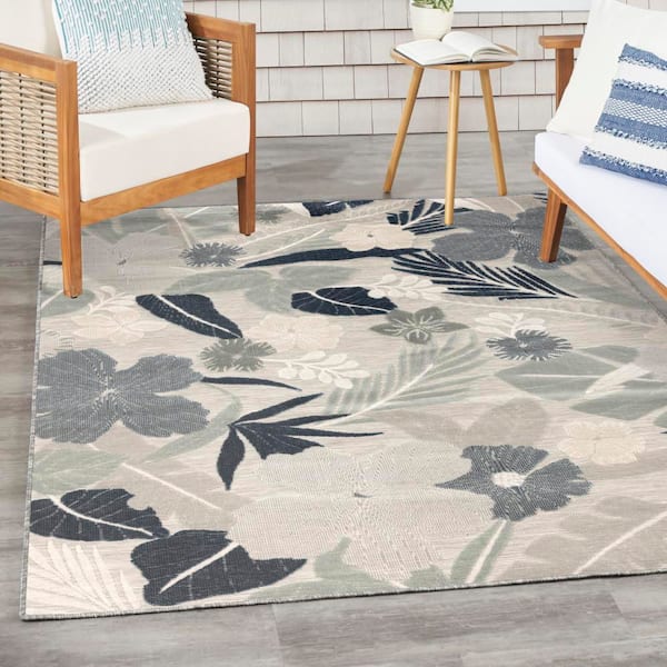 Suncoast Grey Navy 5 ft. x 7 ft. Floral Contemporary Area Rug