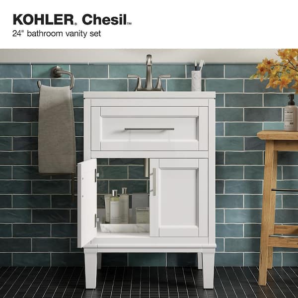 KOHLER Chesil 24in. Single Sink Freestanding White Bath Vanity with Bianco Bella Quartz Top Assembled