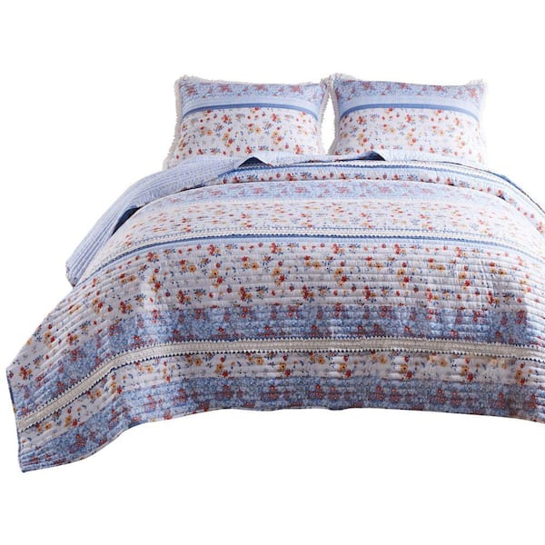 Benjara Joa 3-Piece Multi-Color Lace Trim Floral Print Microfiber Queen Quilt Set