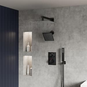 Thermostatic Valve 7-Spray Patterns Shower Faucet Set 12 in. Wall Mount Dual Shower Heads with 6-Jets in Matte Black