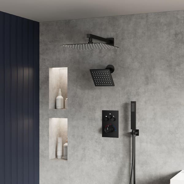 Thermostatic 7-Spray Wall Mount 12 in. and 6 in. Dual Shower Head and Handheld Shower Head 2.5 GPM in Matte Black