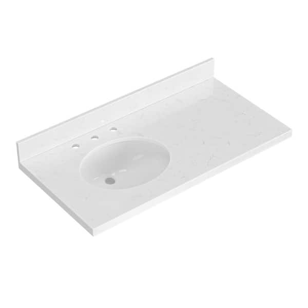 ARIEL 42 in. W x 22 in. D in Carrara White Quartz with 1.5 in Thick Milter Edge with Round Single Sink Vanity Top in White