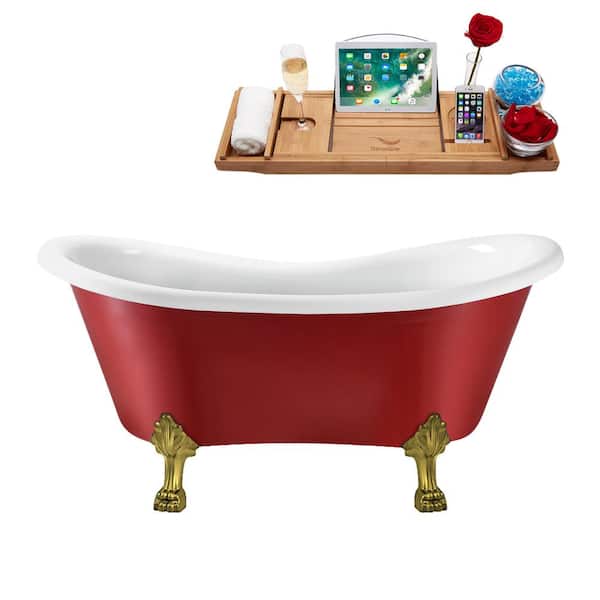 Streamline 62 in. Acrylic Clawfoot Non-Whirlpool Bathtub in Glossy Red With Brushed Gold Clawfeet And Brushed Gun Metal Drain