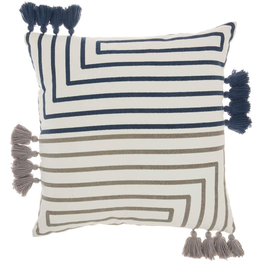 Navy and Light Gray Striped Cotton Tassel Throw Pillow Set