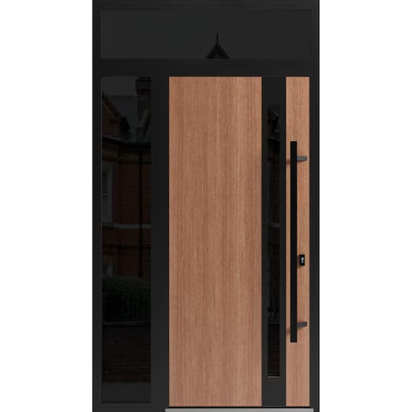 1033 50 in. x 96 in. Left-hand/Inswing 2 Sidelight Tinted Glass Teak Steel Prehung Front Door with Hardware