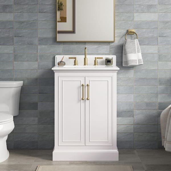 Ravenscroft 25 in. Single Sink White Swan Bath Vanity with Carrara White Engineered Stone Top (Assembled)