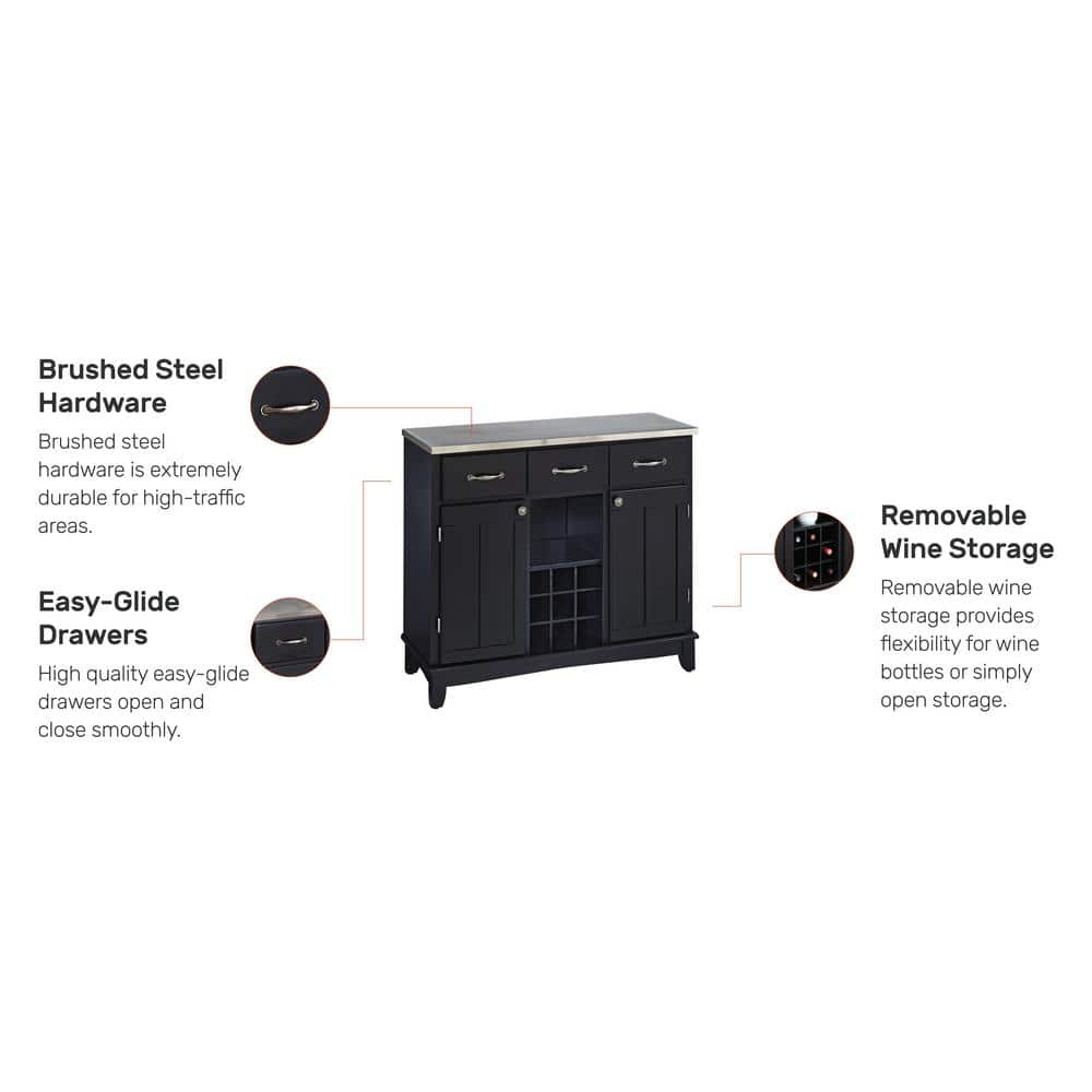 Elegant Black Hardwood Buffet Server with Stainless Steel Top