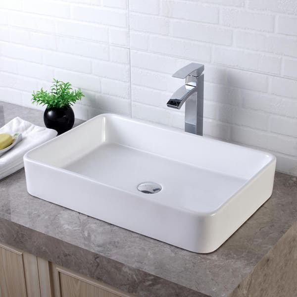 Magic Home 24 in. Ceramic Rectangular Modern Bathroom Vessel Sink in White above Counter
