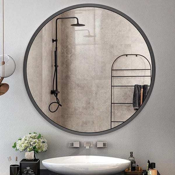 Unbranded 28 in. W x 28 in. H Round Framed Wall Mount Bathroom Vanity Mirror in Black